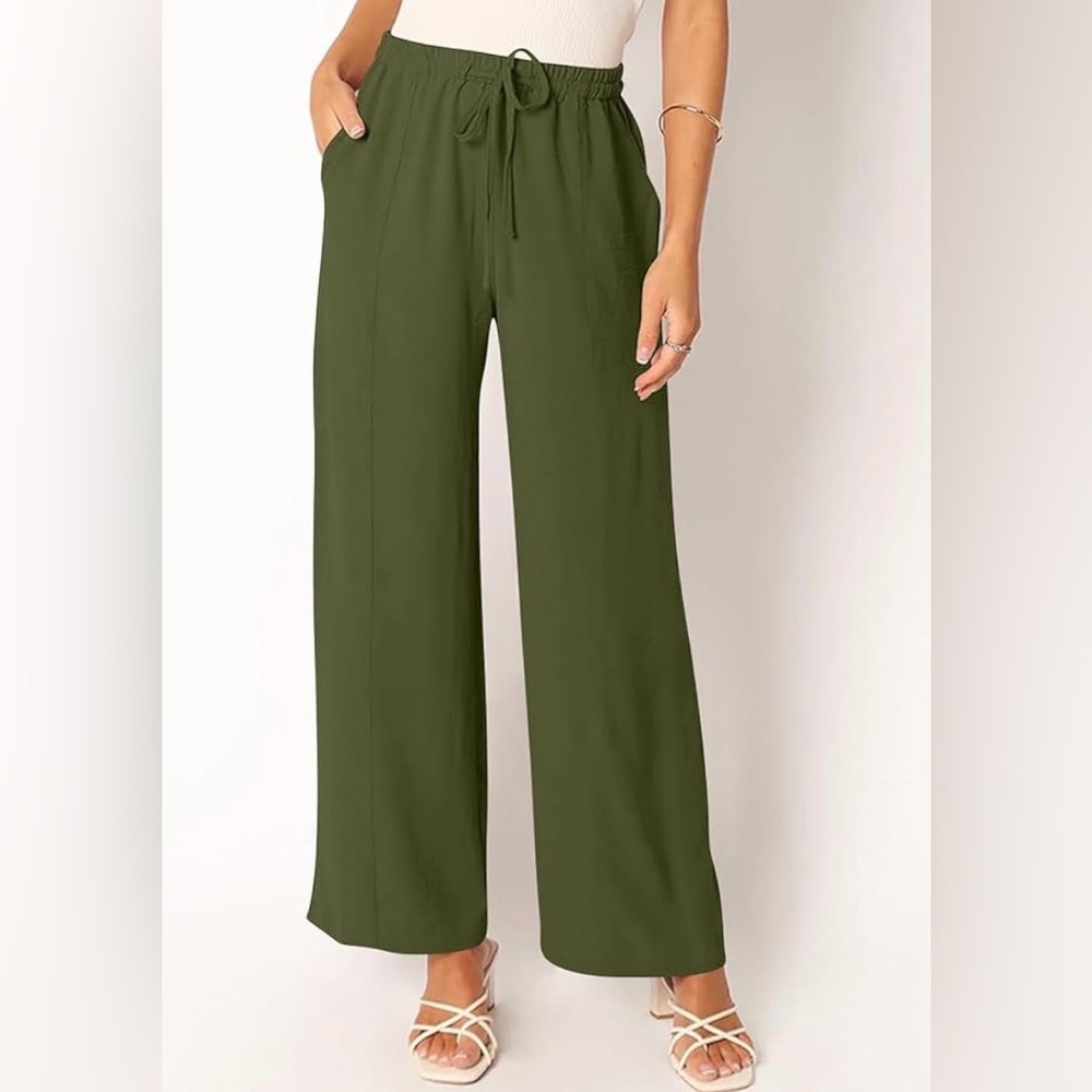 Like New, Active USA Pants Sz L Olive Green Wide Leg Capris Attached Tie Belt